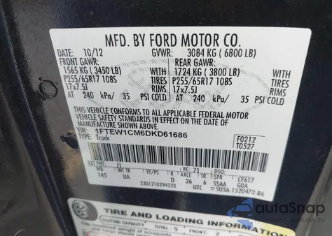 2013 Ford F-150 Xlt из США, поврежденный, VIN 1FTEW1CM6DKD61686